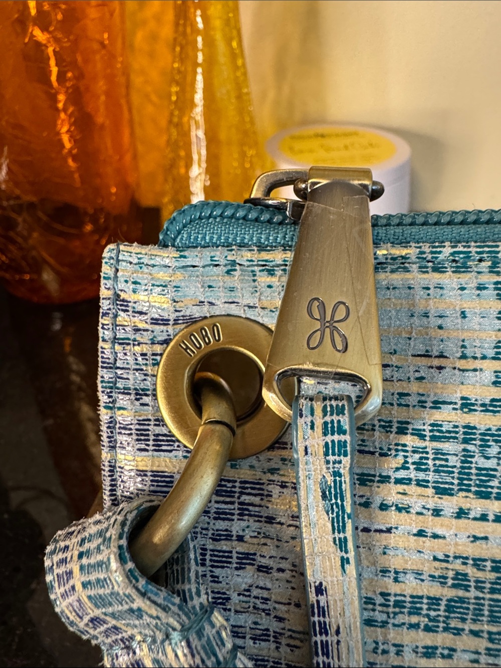 HOBO Blue Multi-Texture Wristlet Clutch with Yellow Accents - Picture 2 of 9